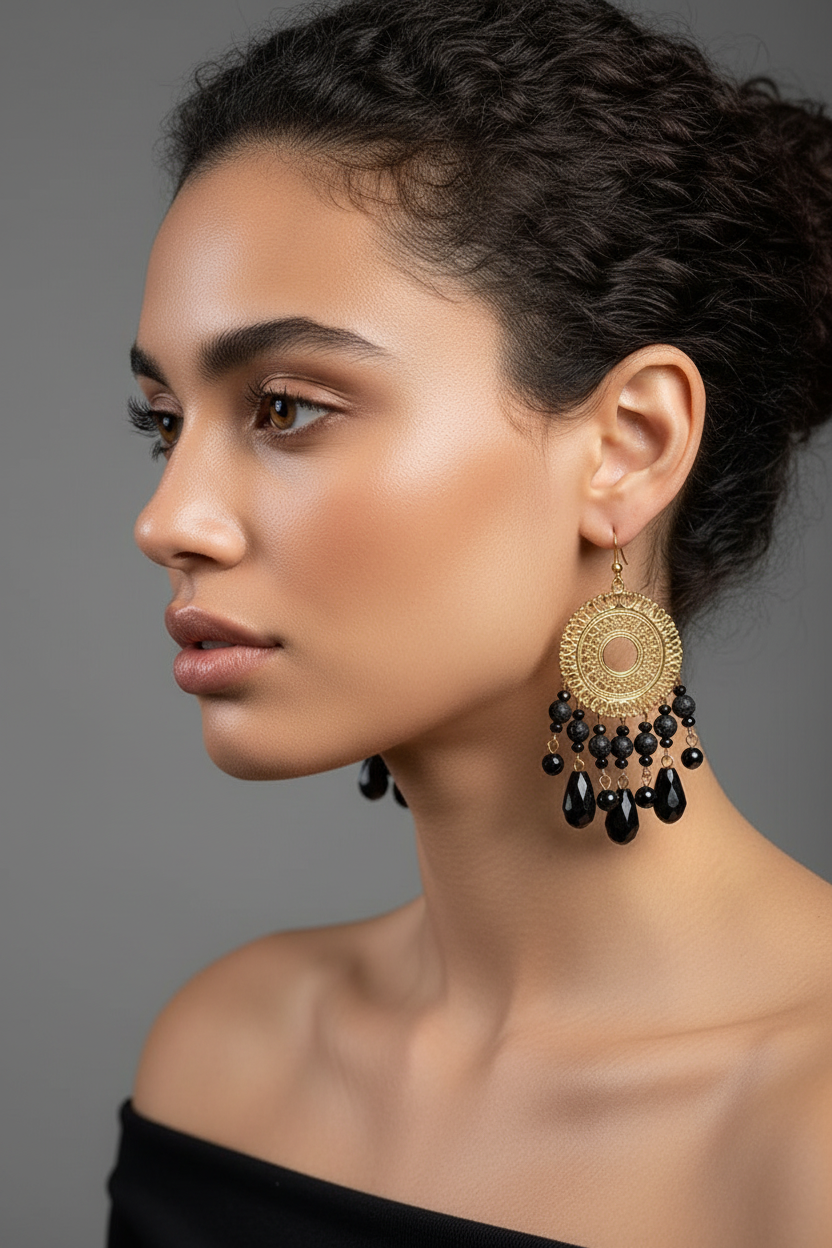 Woman wearing gold earrings with black beads against a gray background