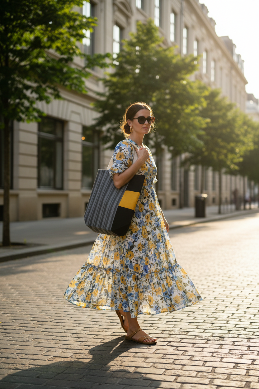 A canvas tote bag with cream-colored fabric handles, featuring a front panel split into a gray and black vertically striped section on the left and a black section with a wide mustard yellow band on the right.