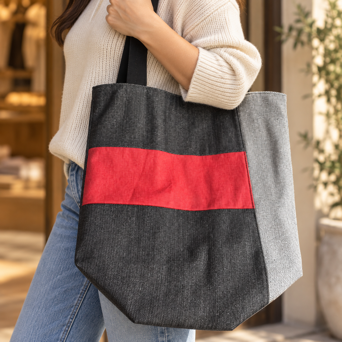 Red Stripe Cotton-Linen Reversible Tote Bag
