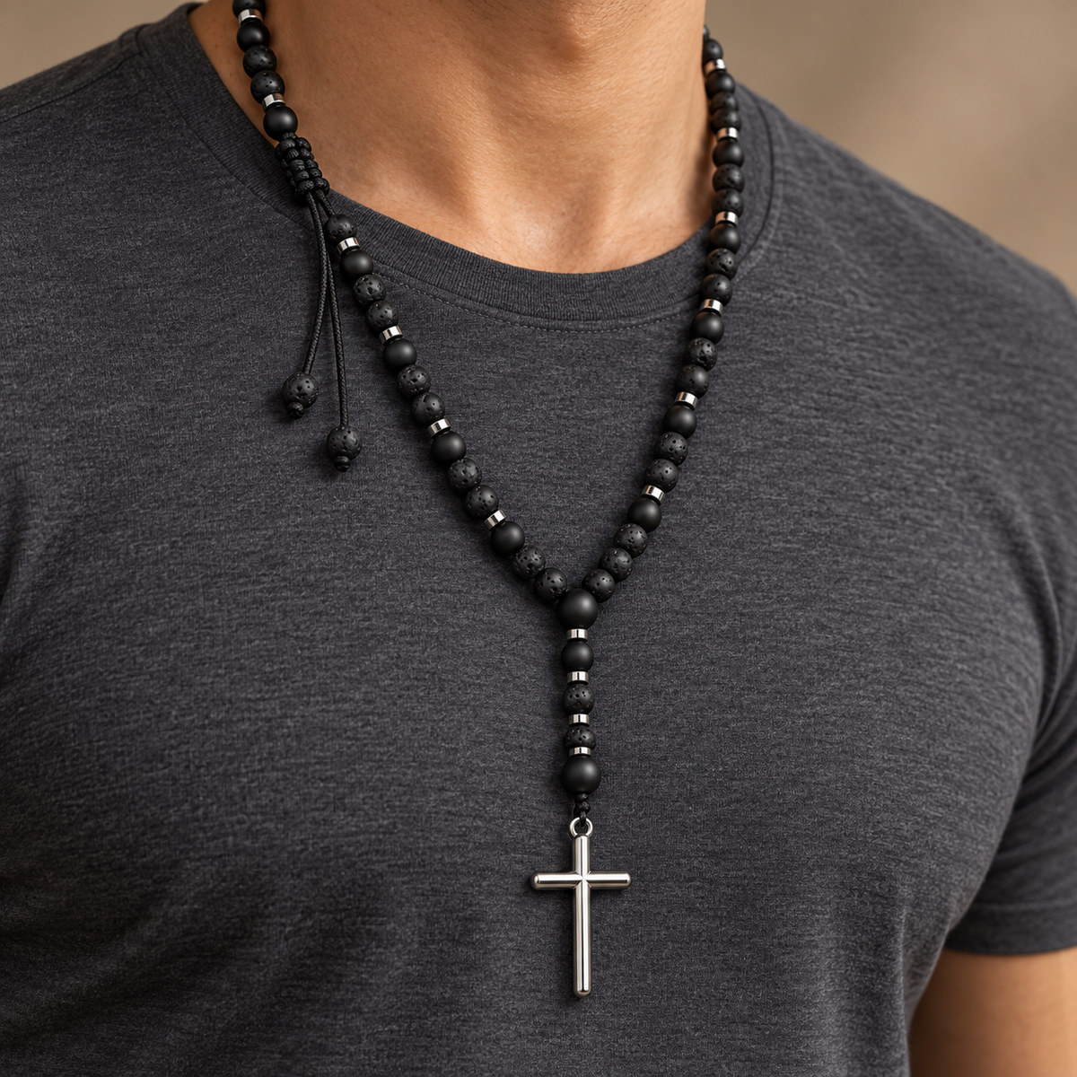 Cross Men's Adjustable Lava Stone Necklace