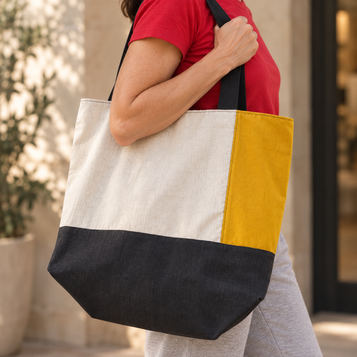 Color-Block Cotton & Linen Tote Bag