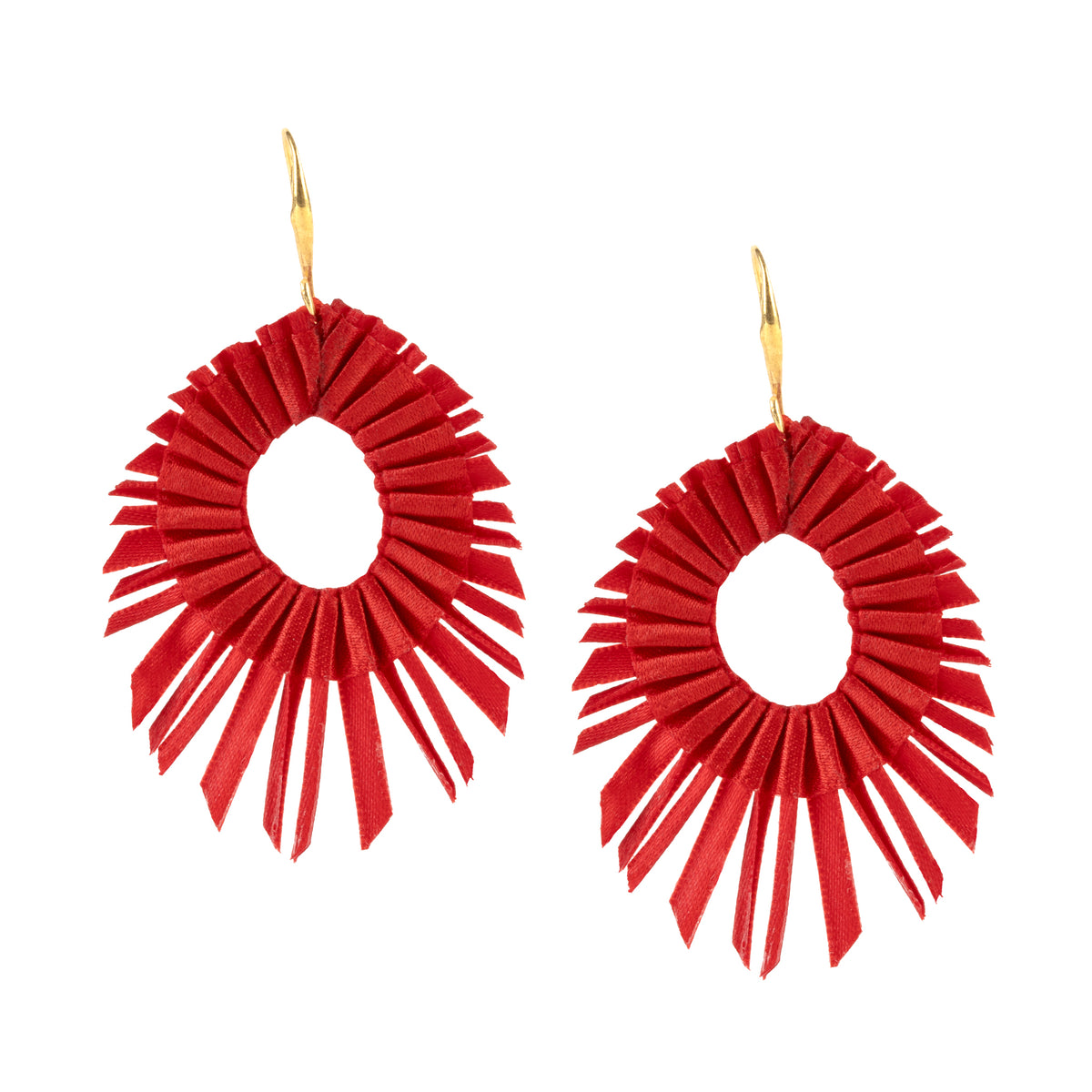 Red Dona pleated satin earrings by Alexandra Tsoukala