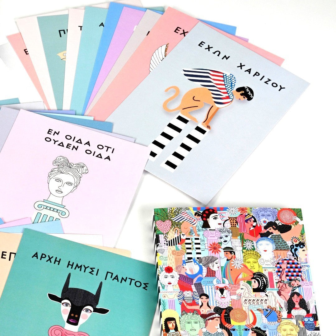 Collection of colorful greeting cards with various designs on a white background