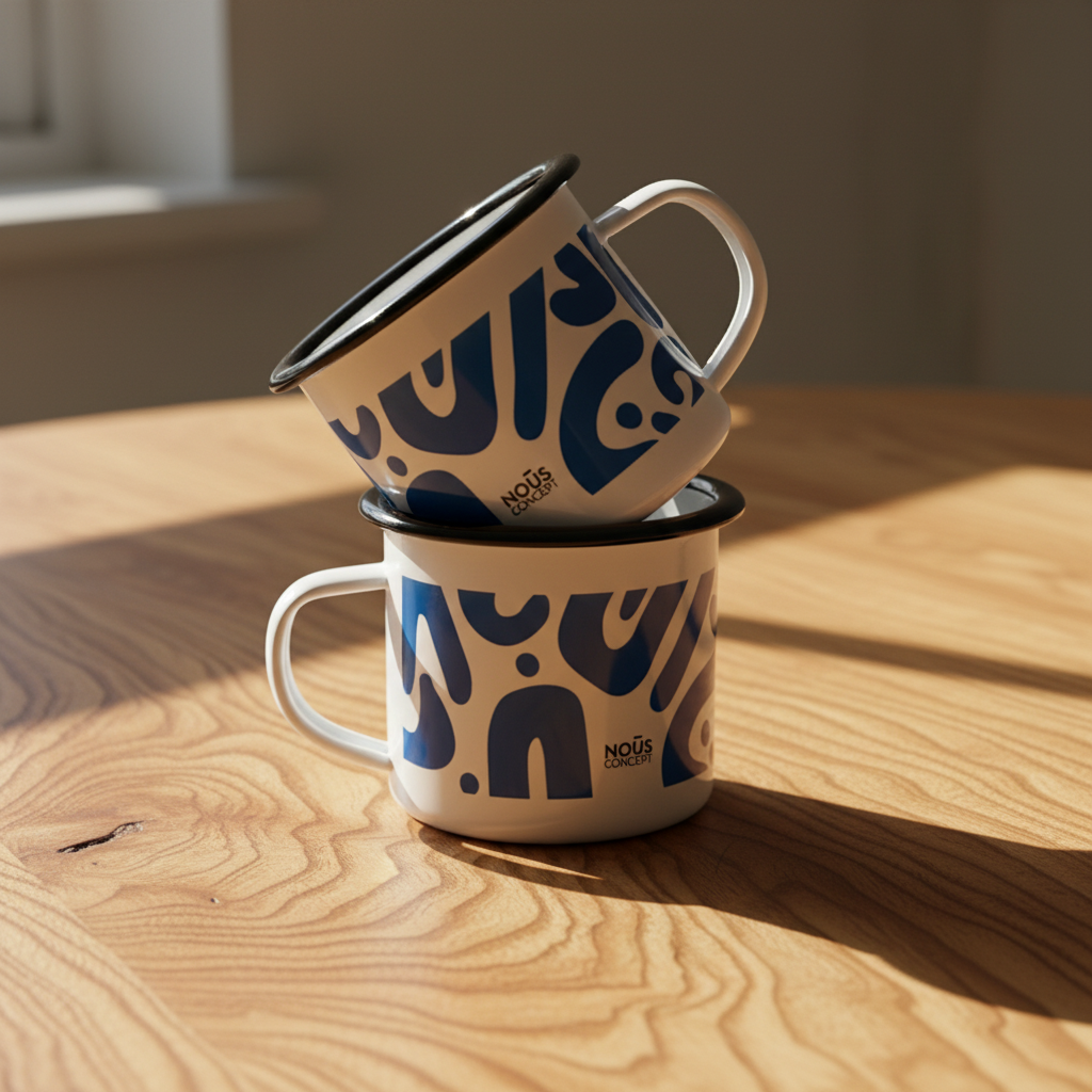 Two enamel mugs with blue patterns stacked on a wooden table