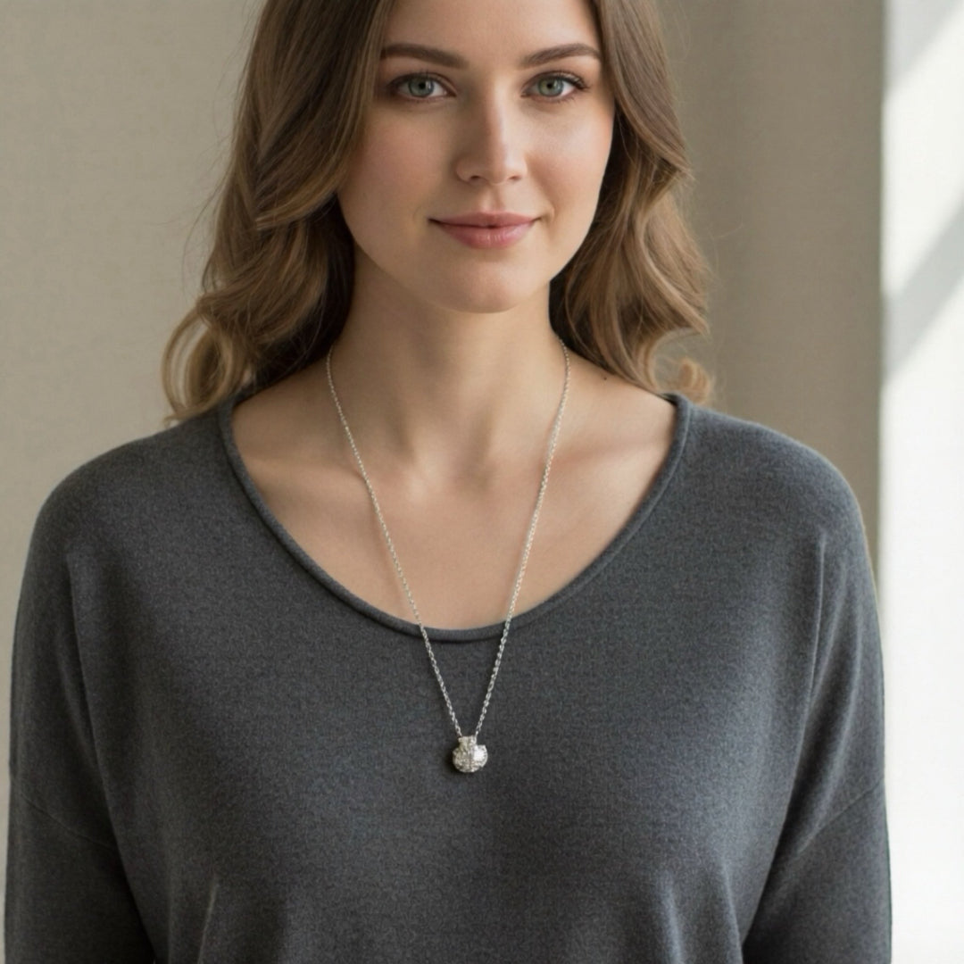 Woman wearing a necklace with a neutral background