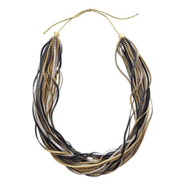 Gold Khaki Fryni pleated satin necklace by Alexandra Tsoukala