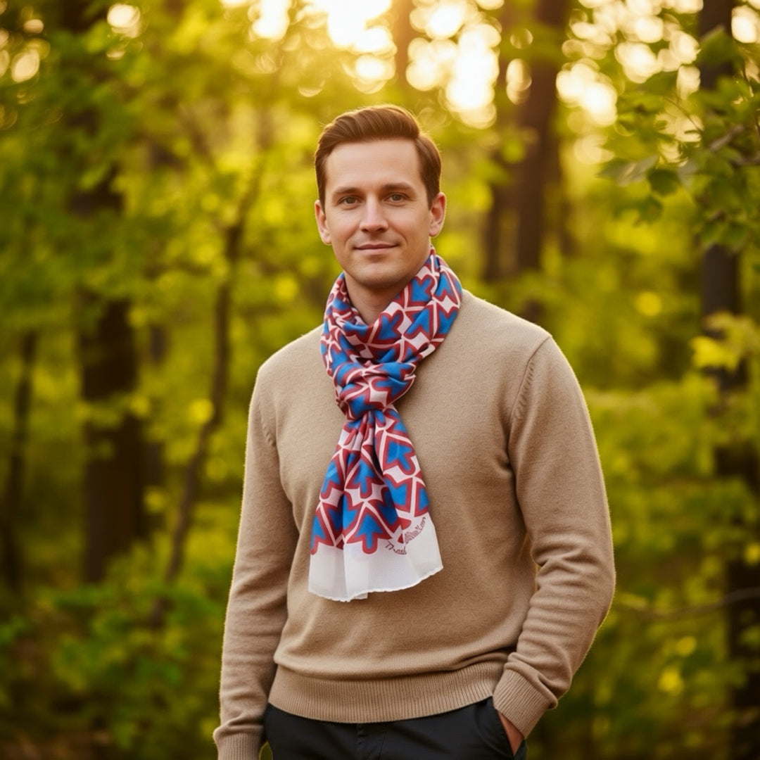 Man wearing a beige sweater and colorful scarf standing in a forest