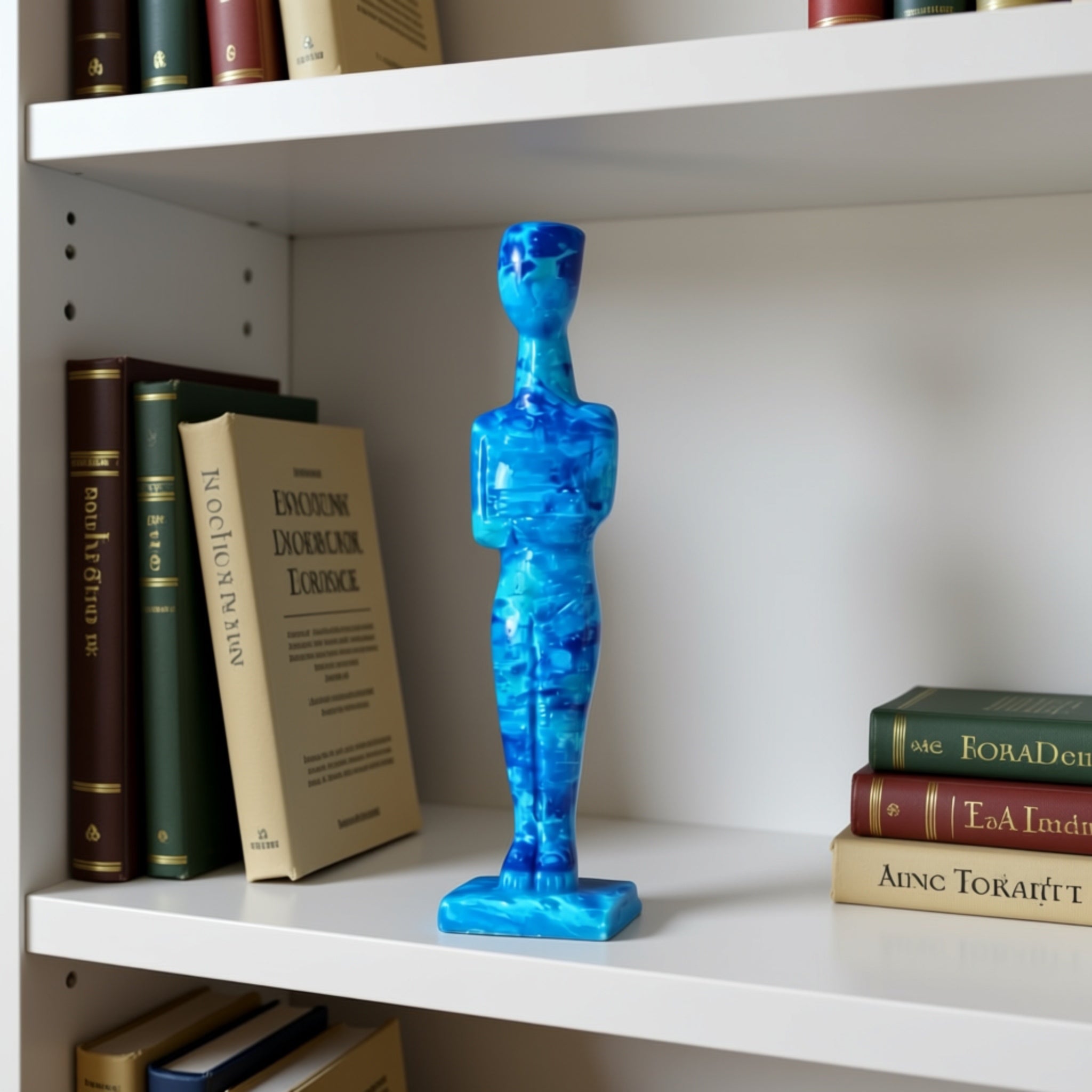 Blue statue on a white shelf with books