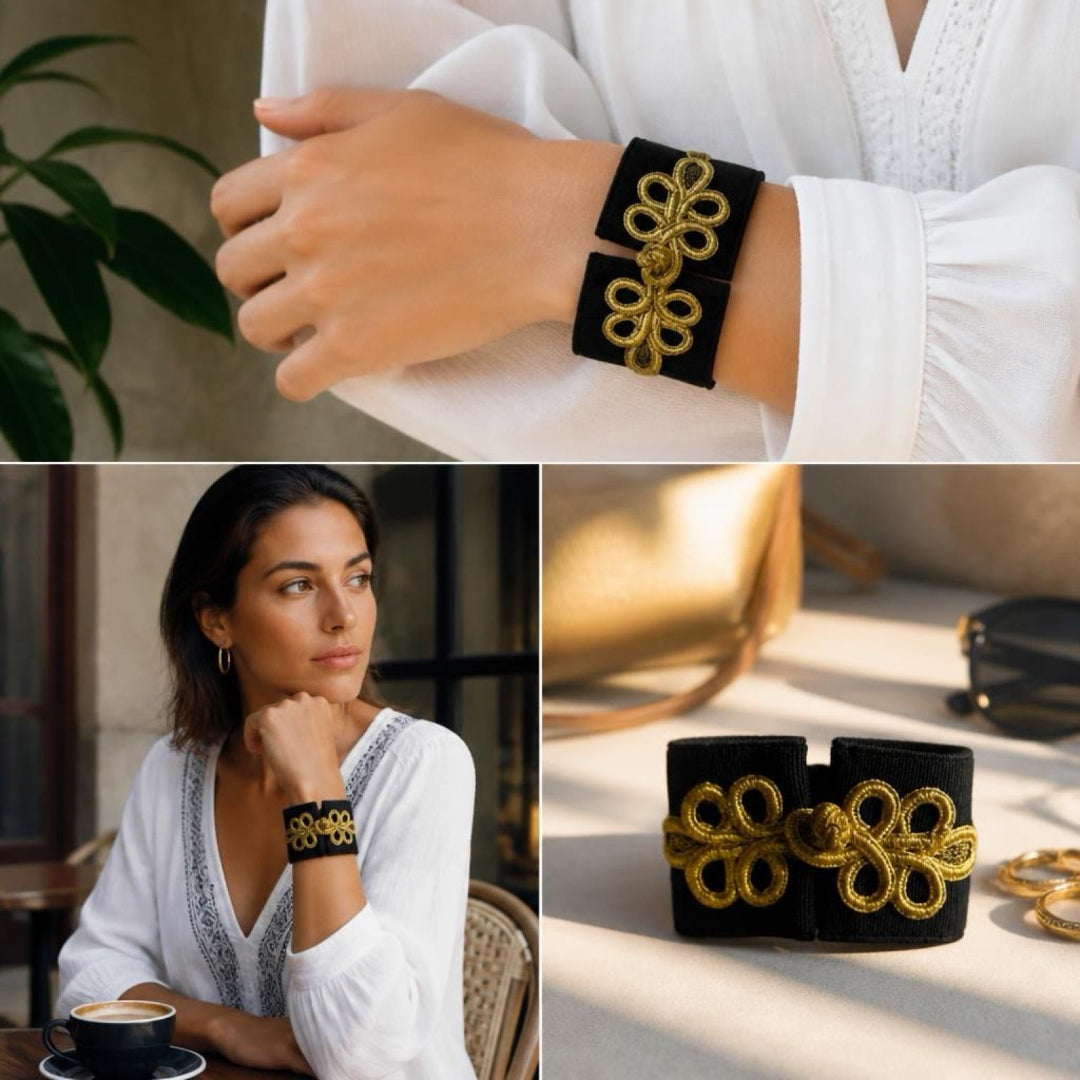 A collage showing a black cuff bracelet with ornate gold embroidery worn on a person's wrist in three views: a close-up of the wrist, a lifestyle shot of a woman wearing it, and a flat-lay product shot on a light surface with a gold bag in the background.