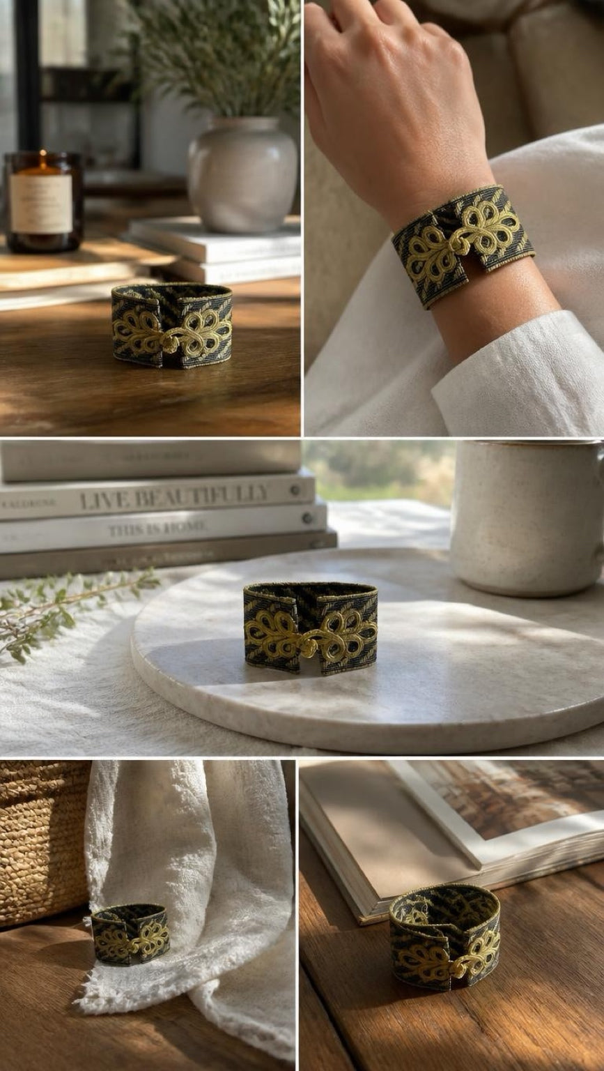 A collage of six lifestyle photos showing a wide metal cuff bracelet with an intricate gold floral filigree pattern on a dark background. The bracelet is displayed on a wooden table, on a white stone tray, draped with white fabric, and worn on a person's wrist.