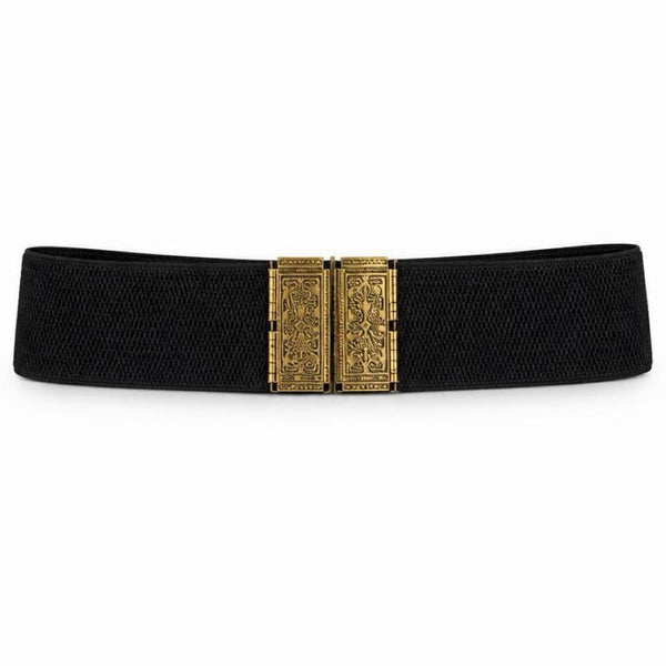 Black Belt Byzantio by Tzave Designs – wide black elastic belt with gold-tone Byzantine buckle