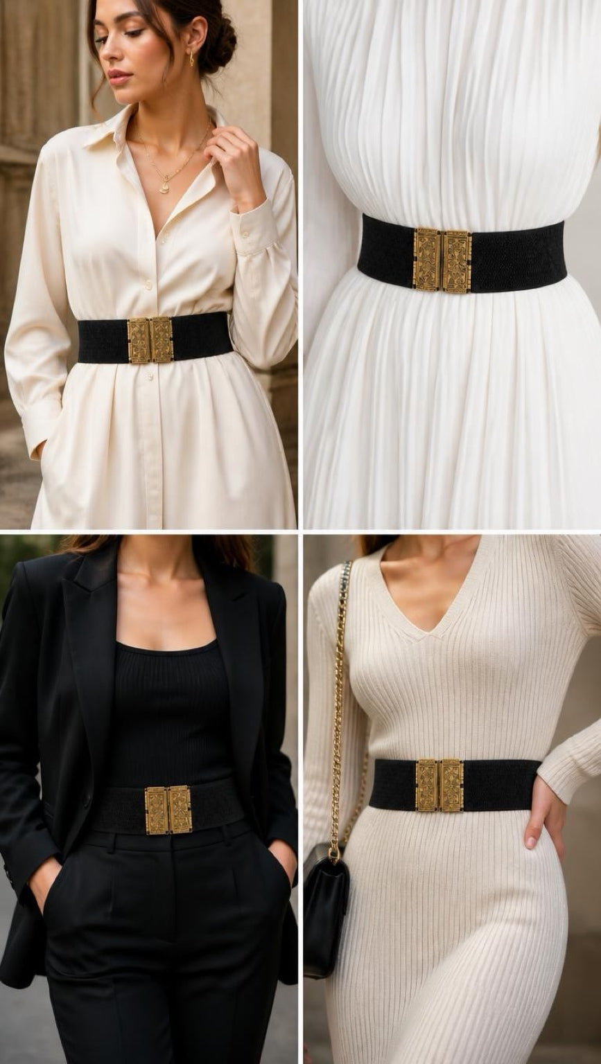 Black Belt Byzantio styled four ways – cream shirt dress, white pleated dress, black blazer and cream ribbed dress
