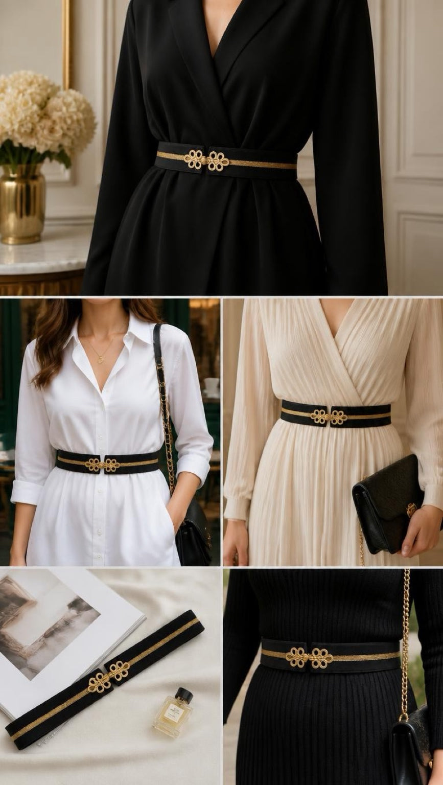 Gold Black Belt Byzantio styled over a black wrap dress, white shirt dress and cream wrap dress