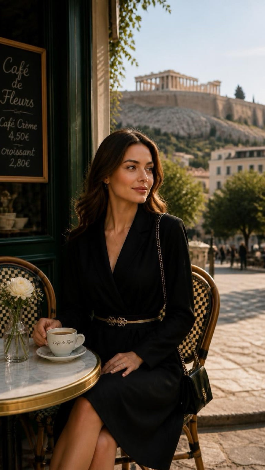 Woman in a black wrap dress wearing the Gold Black Belt Byzantio at a café below the Acropolis
