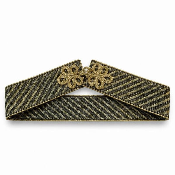 Gold Belt Byzantio by Tzave Designs – gold and olive woven belt with gold Byzantine flower charm