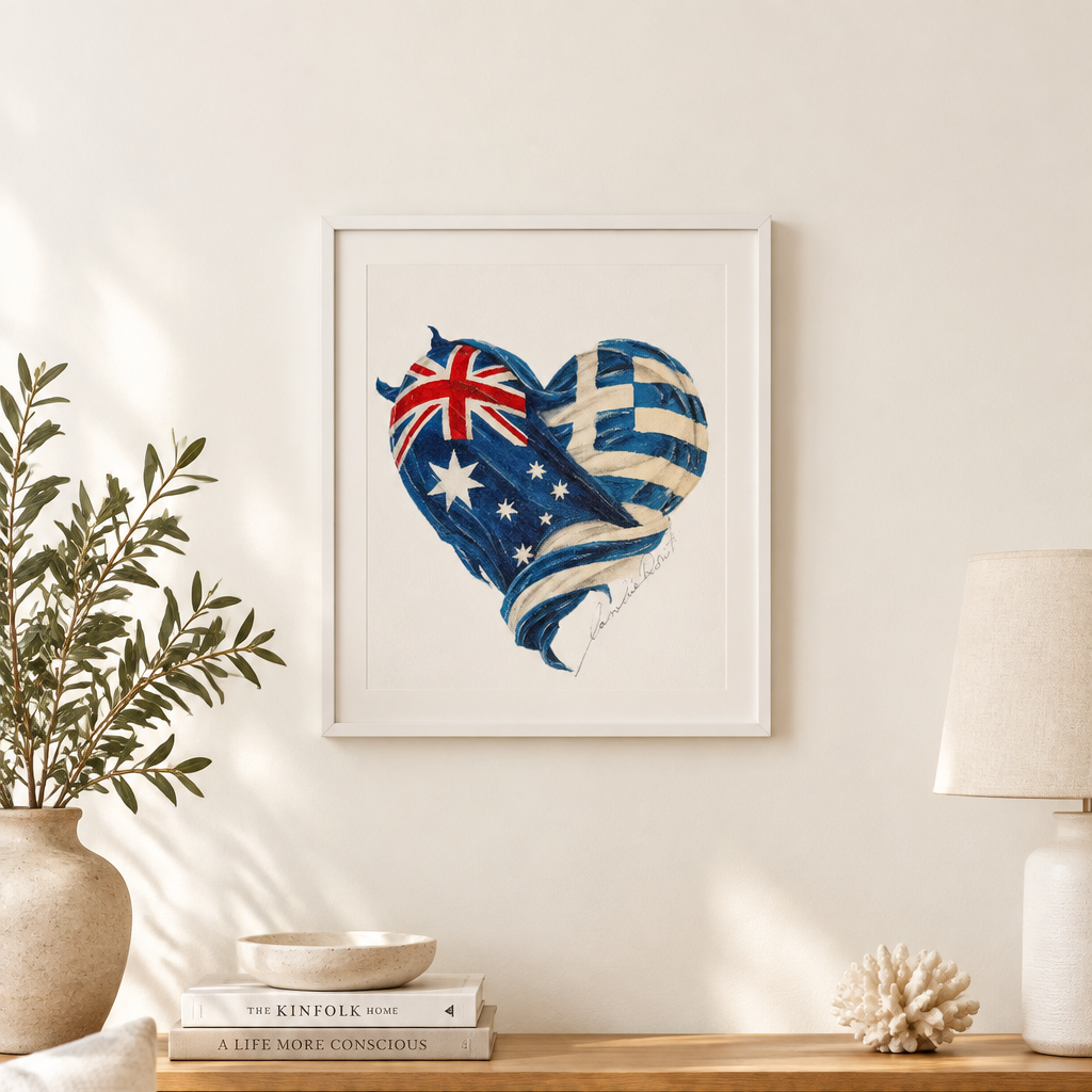 Two Hearts Small Greek Art Print by Caroline Rovithi – view 5 | Thalassea