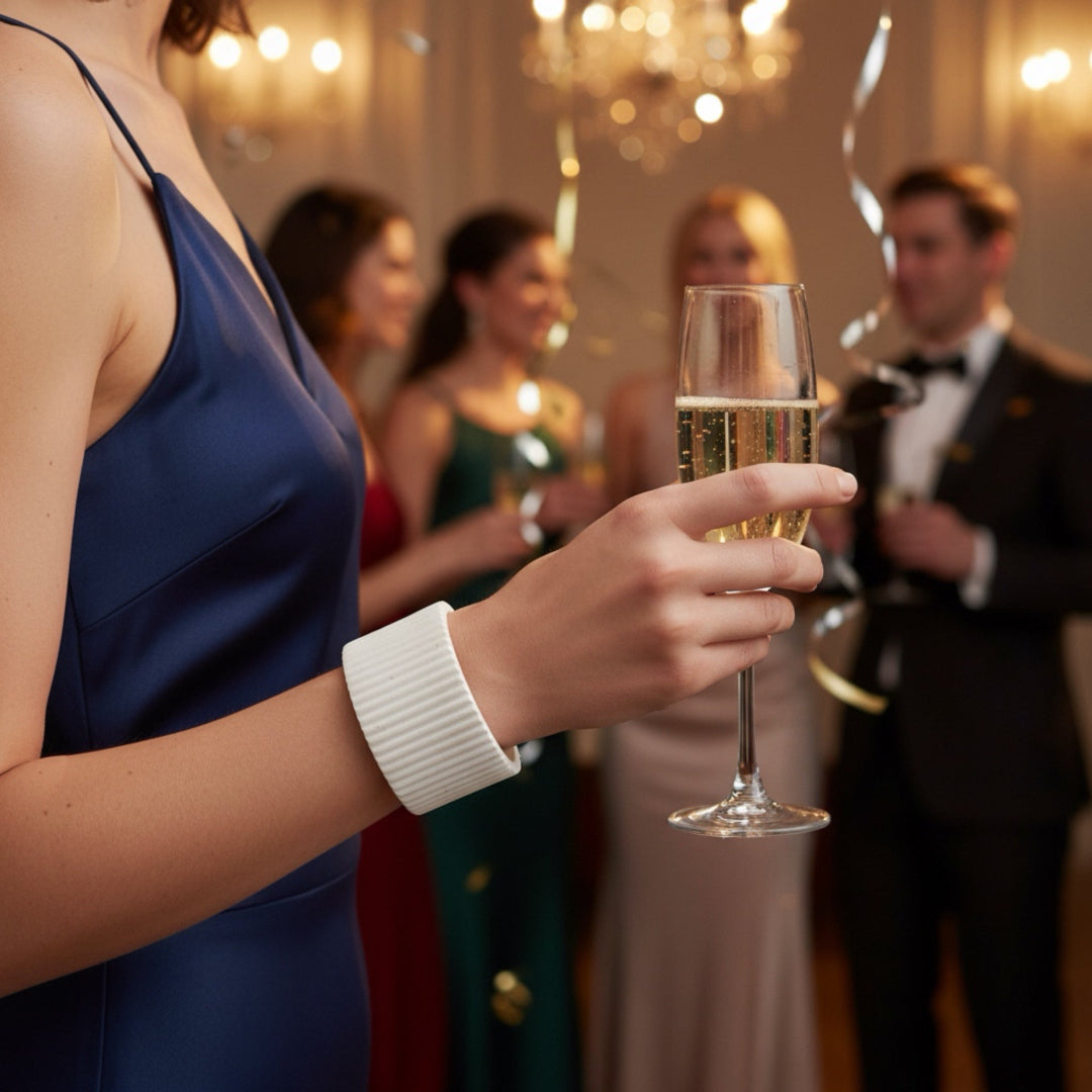 Person holding a glass of champagne with a festive background