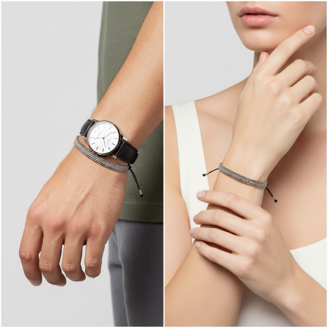 Split image showing a wrist with a watch and bracelets, and another wrist with a bracelet.