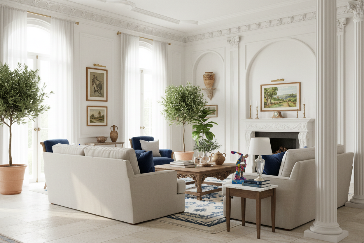 Living room with white sofa, blue chairs, and decorative elements.