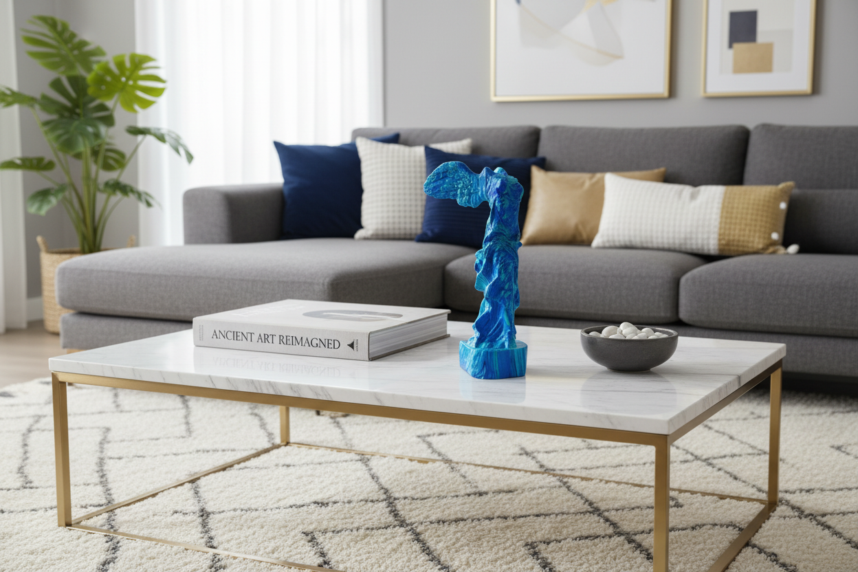 Living room with gray sofa, coffee table, and decorative items