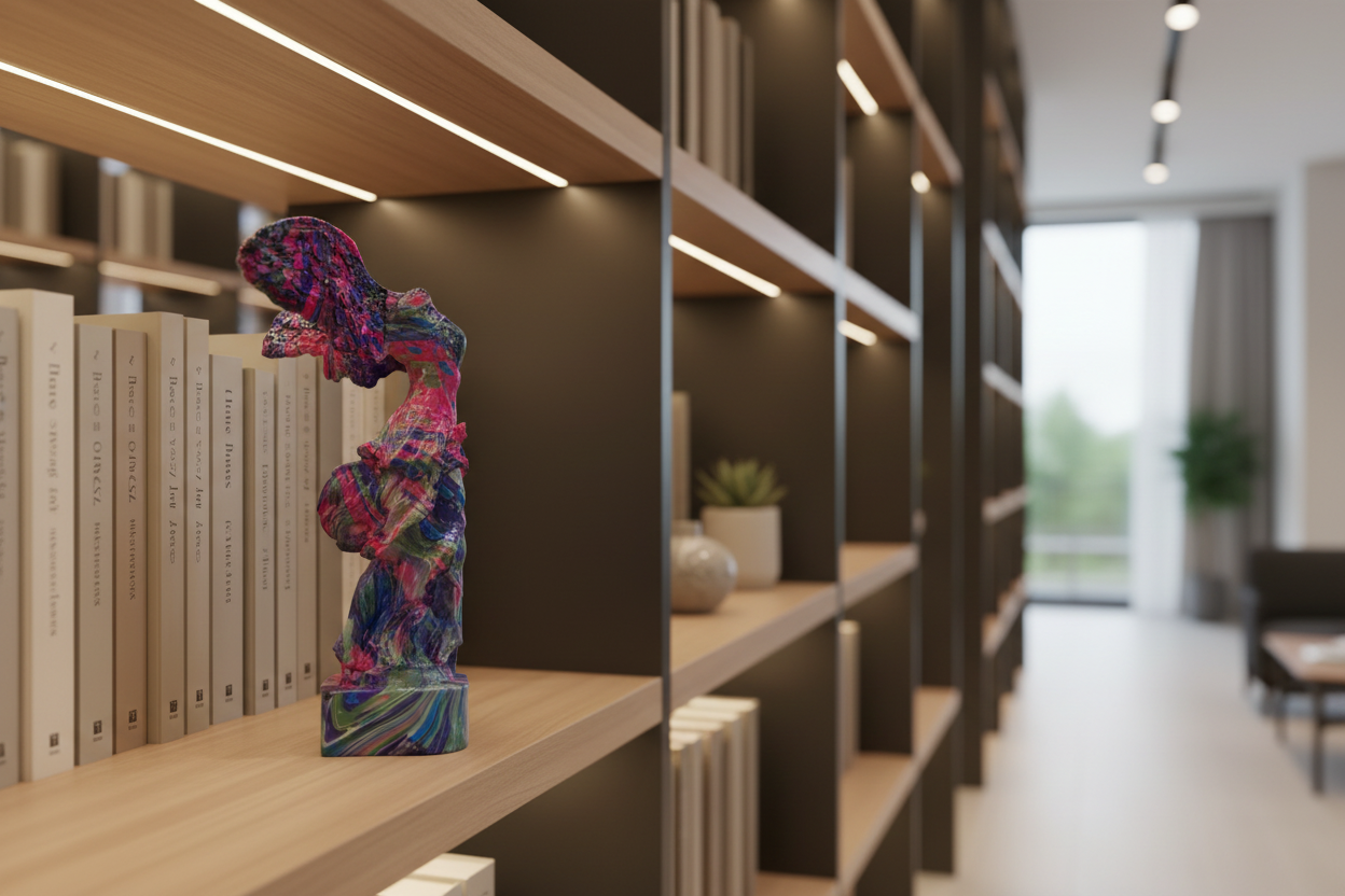 Colorful sculpture on a bookshelf in a modern room with large windows.