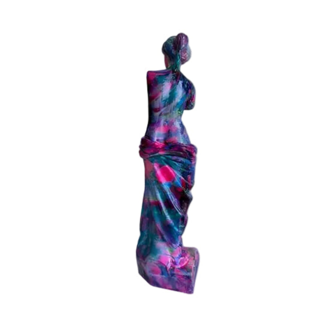 Colorful abstract sculpture of a draped figure on a white background