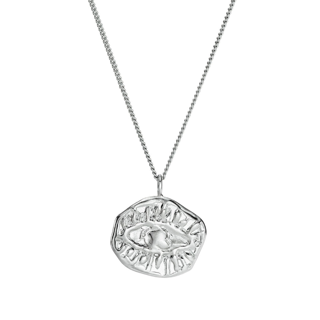Silver necklace with a unique pendant on a white background