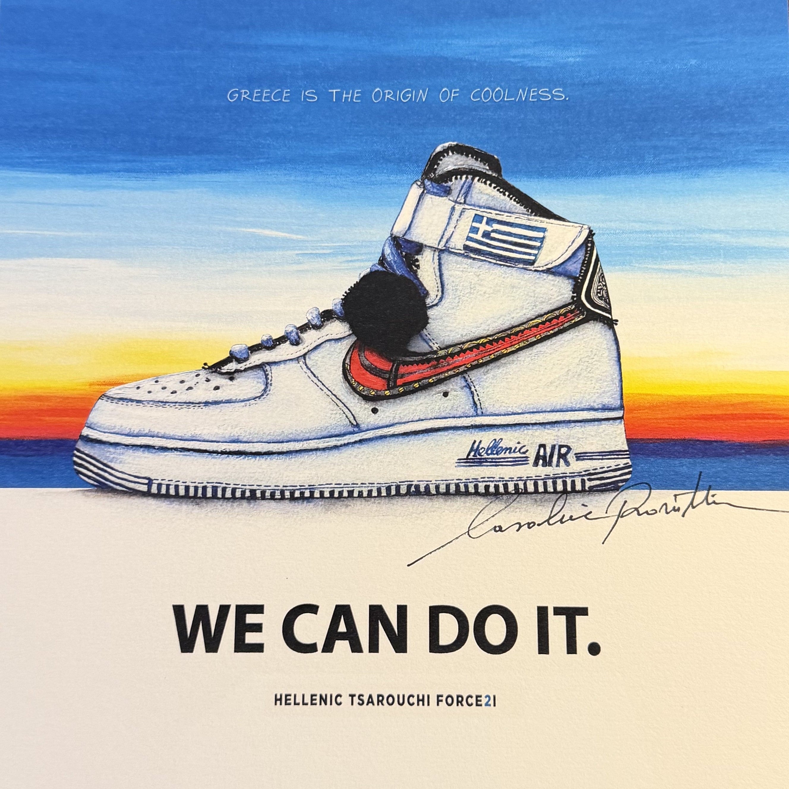 Sneaker with Greek flag design on a colorful background with text and signature.