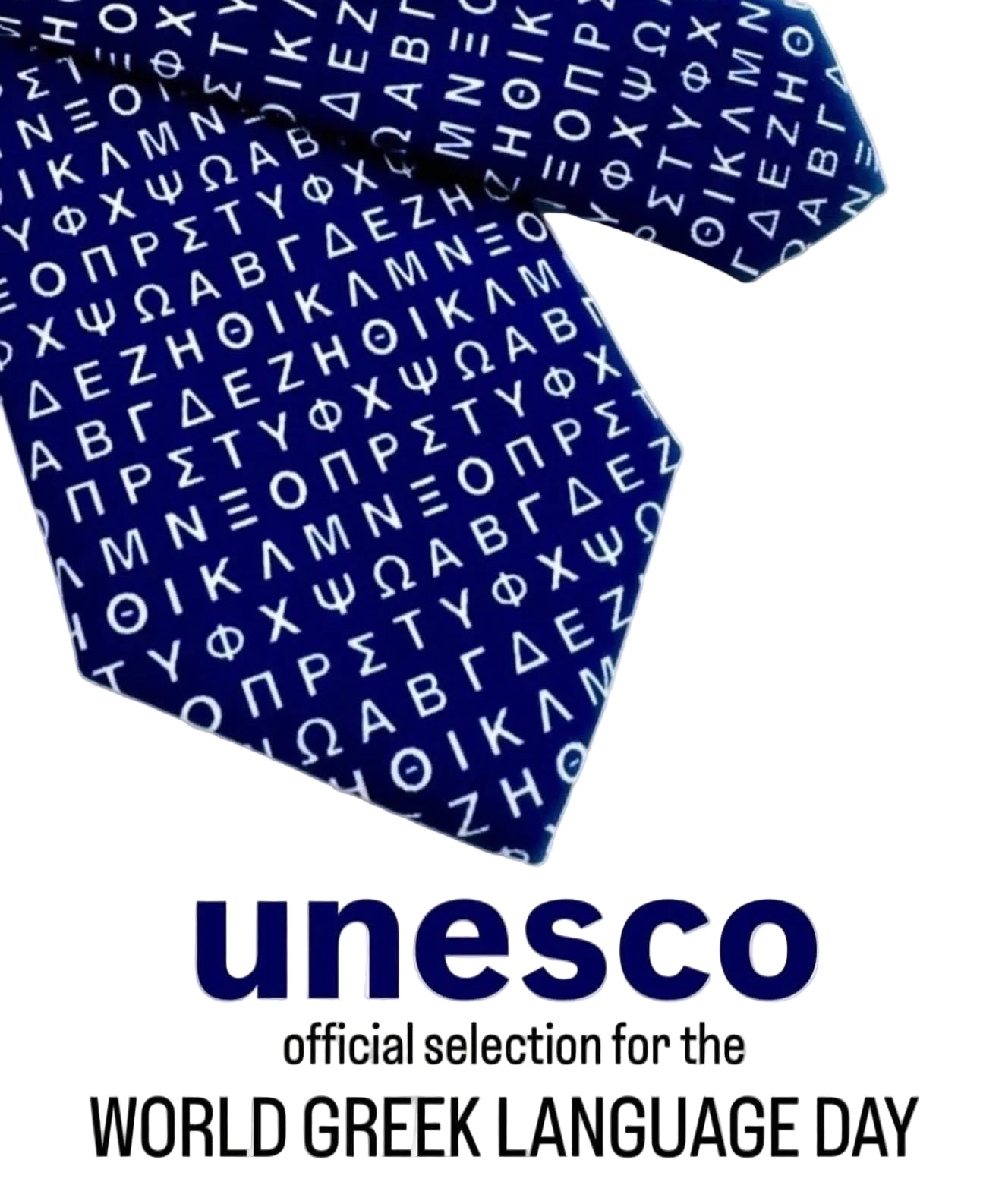 Two blue ties with Greek alphabet pattern on a white background, UNESCO logo visible