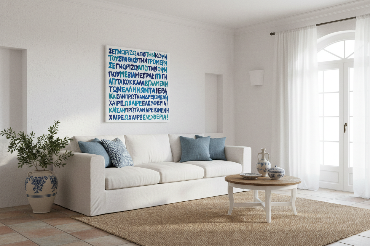 Modern living room with a white sofa, wooden coffee table, and decorative wall art.
