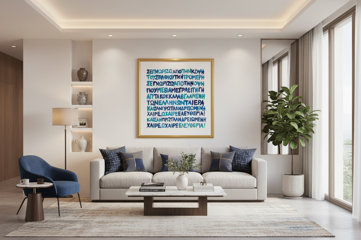 Modern living room with a gray sofa, blue armchair, and decorative wall art.