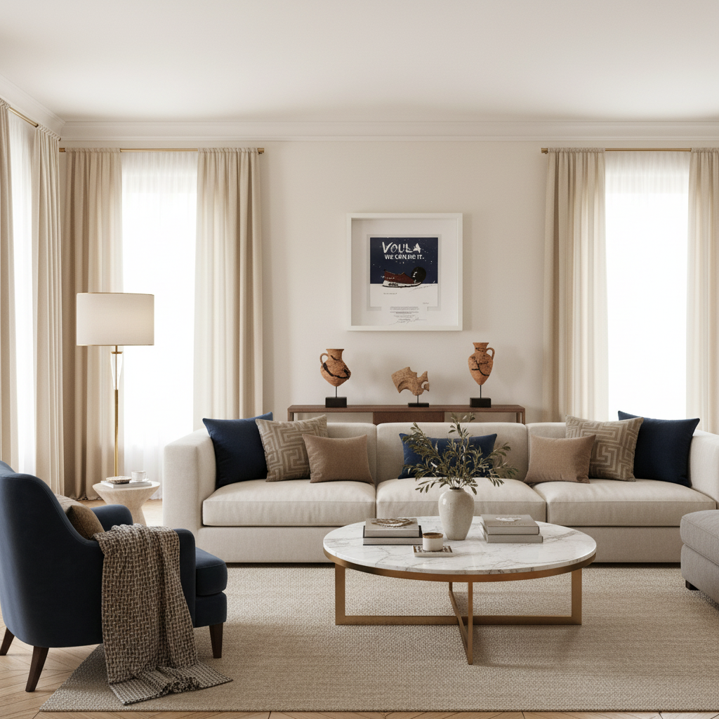 Modern living room with a beige sofa, coffee table, and decorative items.