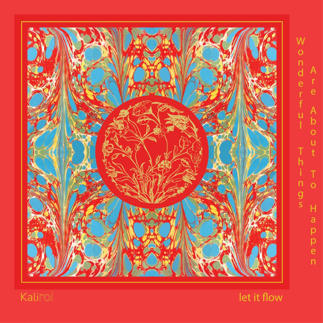 Colorful abstract design with a central circle on a red background, featuring text 'Are About Things Happen' and 'let it flow'.