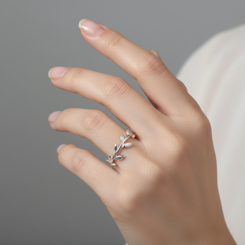 Olive Leaves Adjustable Silver Ring