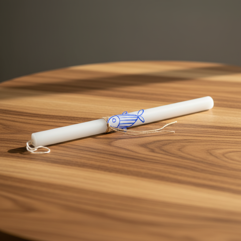 White candle with a blue fish design on a wooden surface