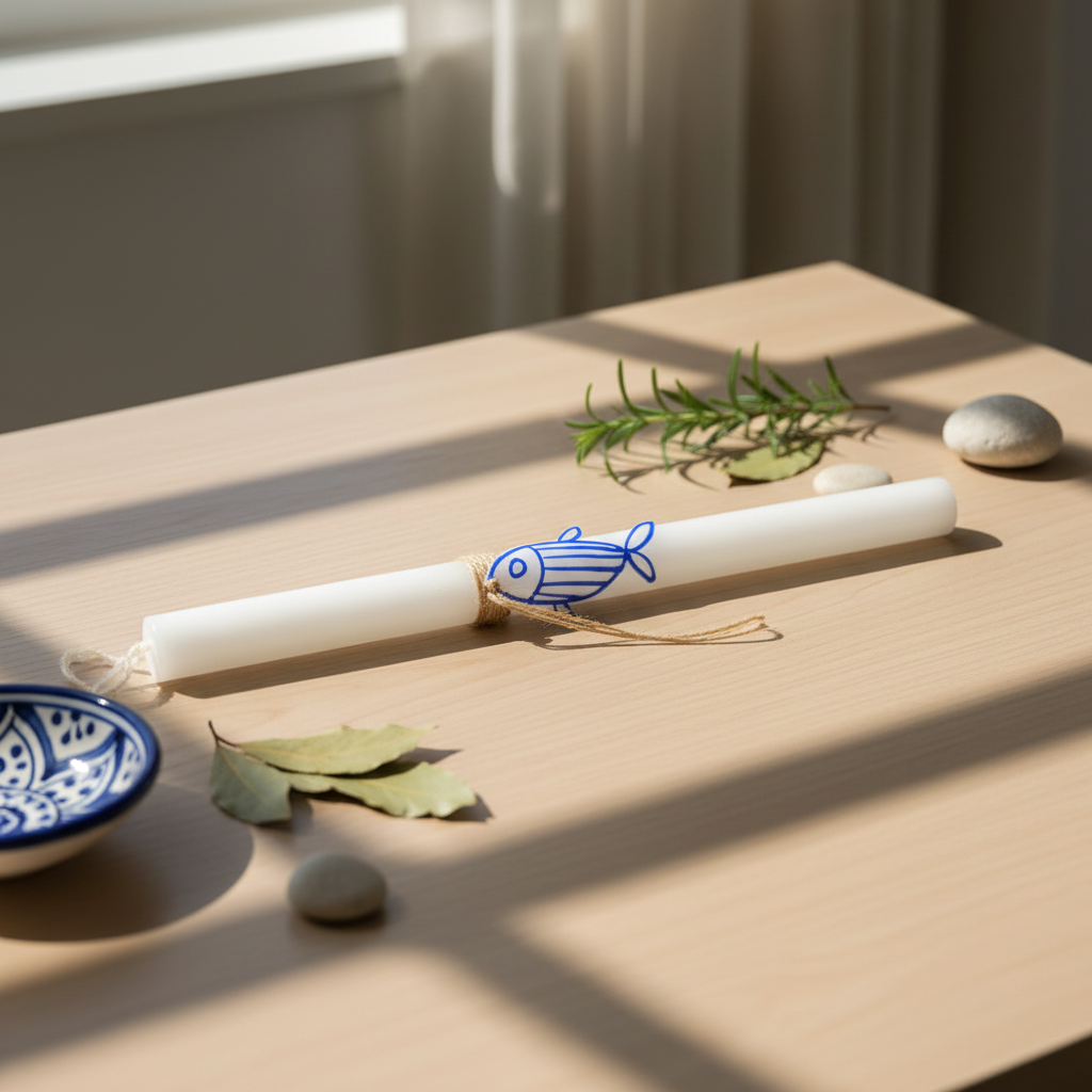 Candle with a fish design on a table with leaves and stones