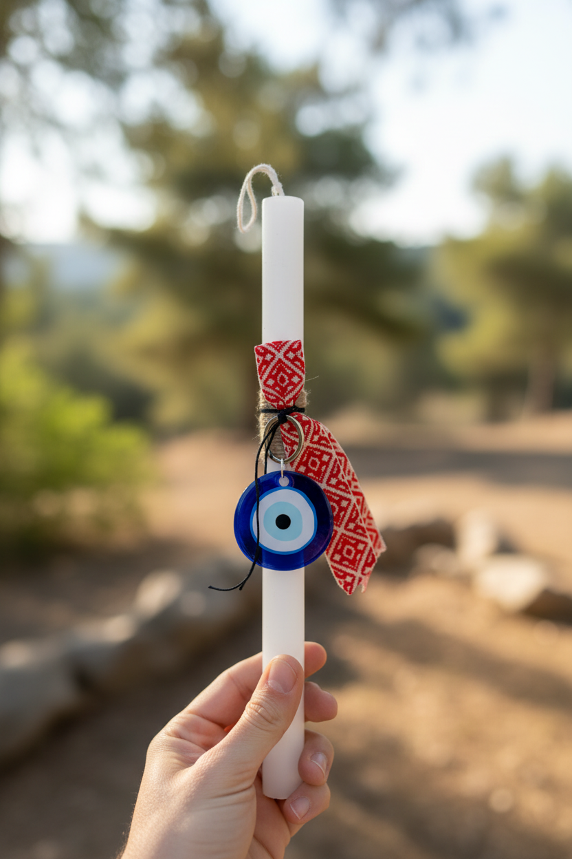 White candle with a red ribbon and blue evil eye charm held by a hand against a blurred natural background.