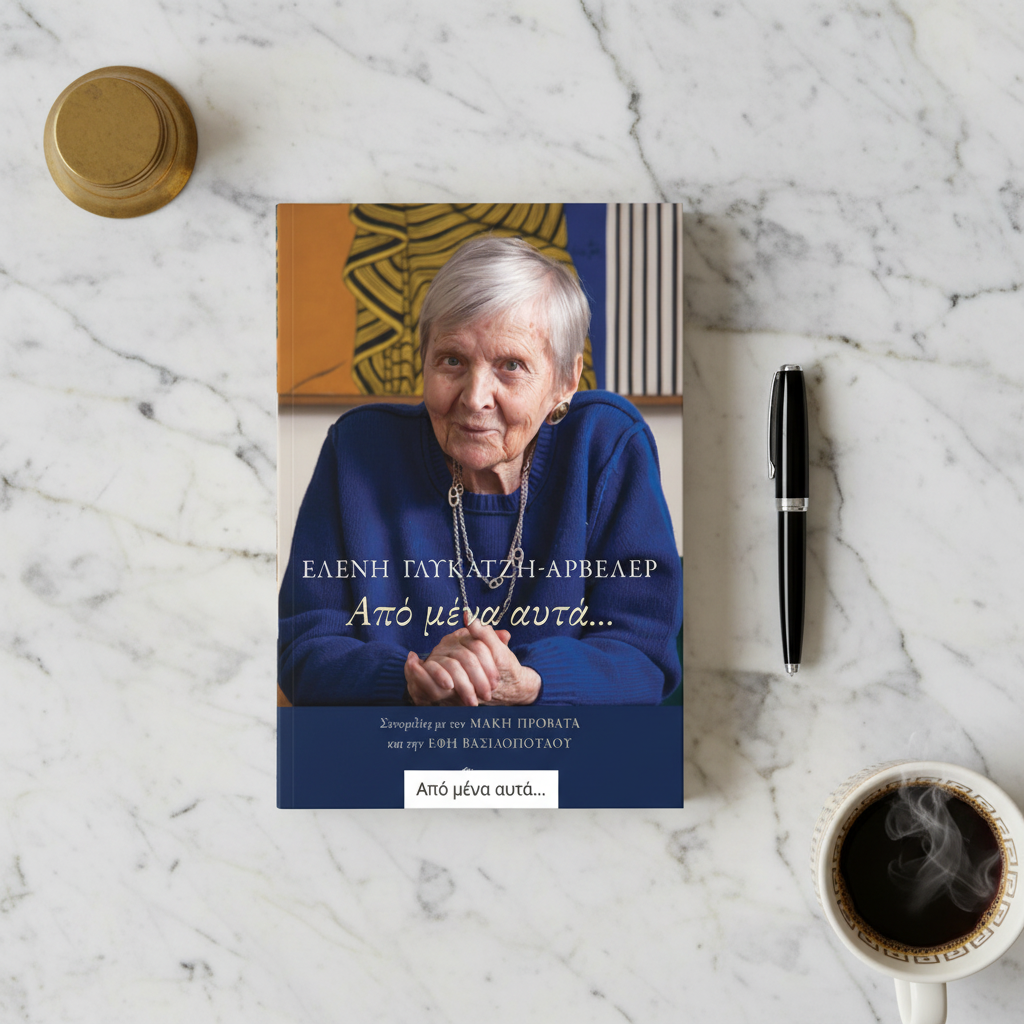 Book with a portrait of an elderly woman on a marble surface with a pen and coffee cup.