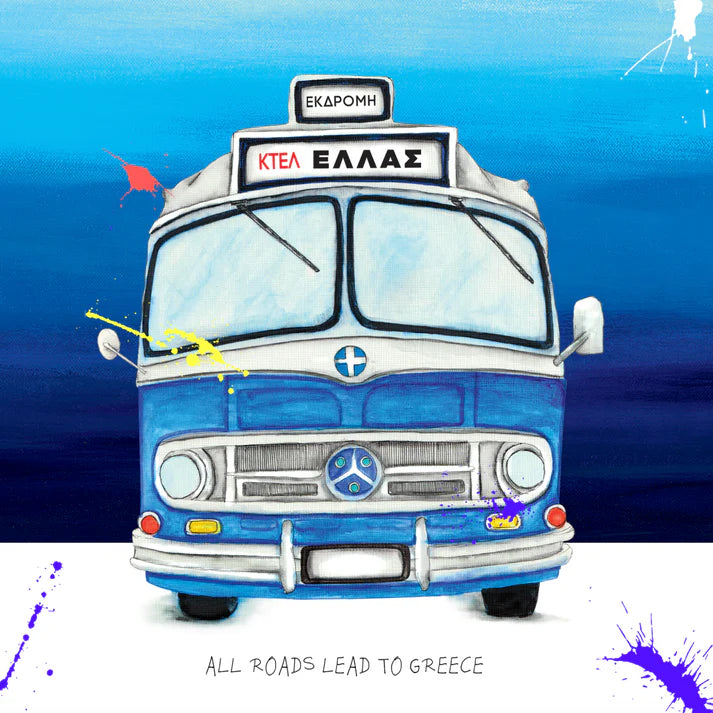 Illustration of a blue and white bus with Greek text on a blue background