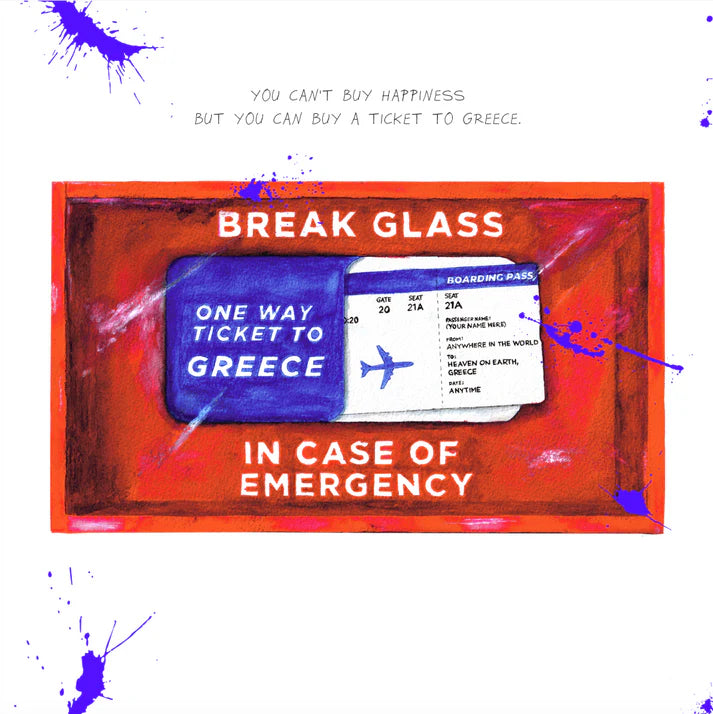 Surreal artwork with a 'One Way Ticket to Greece' label on a red background.