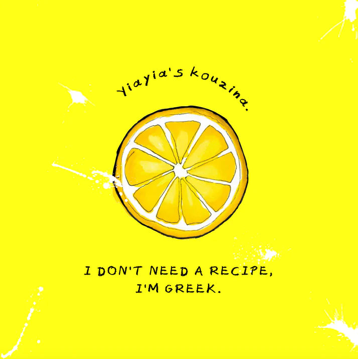 Lemon slice on a yellow background with text 'Yidya's Kouzina' and 'I don't need a recipe, I'm Greek'.