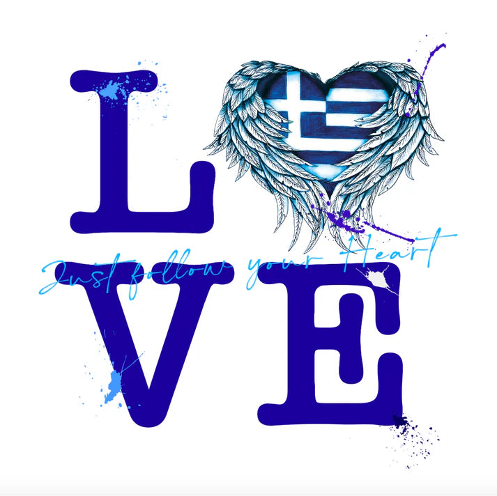 Heart-shaped design with wings and Greek flag inside, surrounded by 'LOVE' text on a white background.