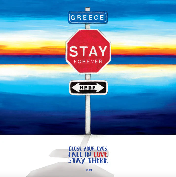 Red stop sign with 'Stay Forever' text against a colorful sky background