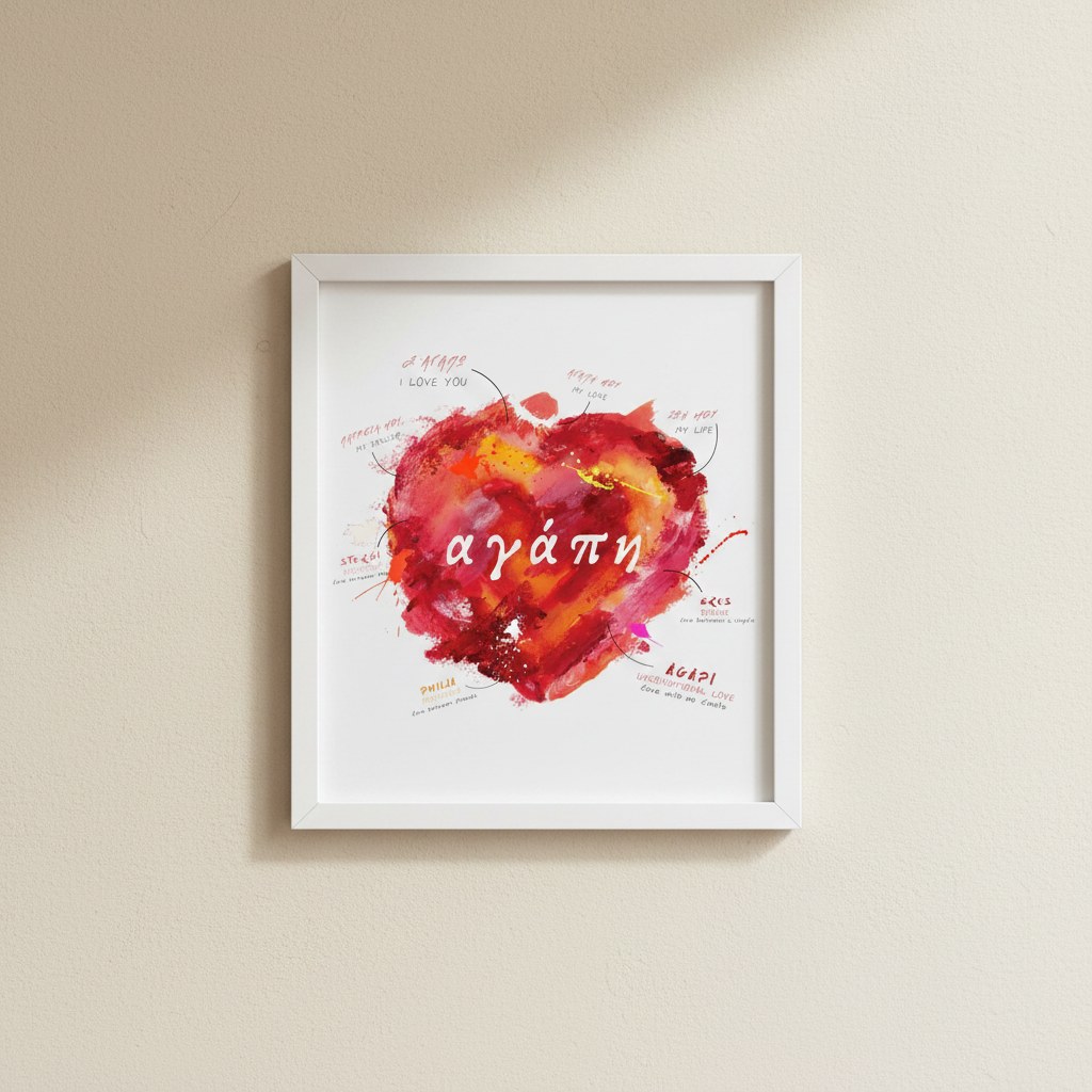 Heart-shaped design with colorful abstract art and Greek word 'αγάπη' on a white background.