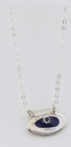 Silver necklace with a blue pendant on a white background