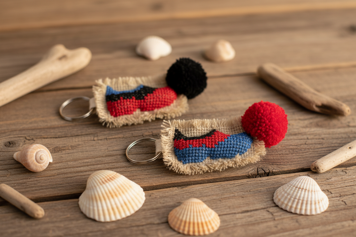 Two keychains with colorful designs on a wooden surface with shells and driftwood.