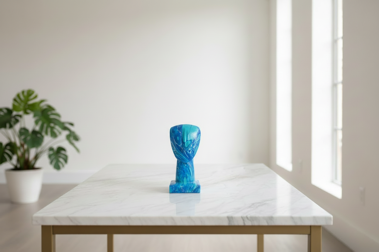 Blue sculpture on a marble table with a plant in the background