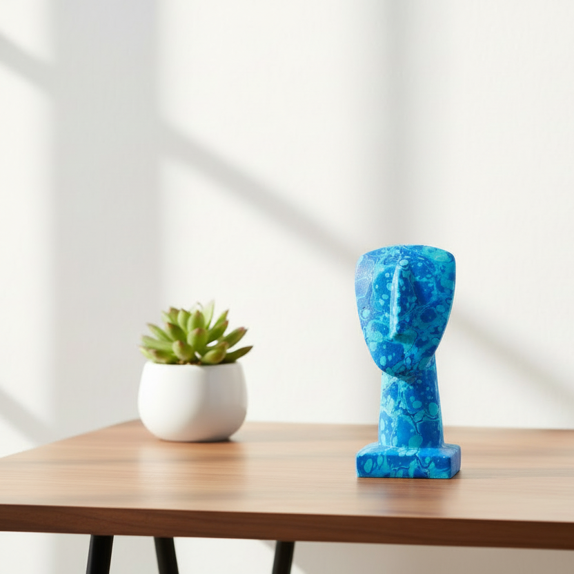 Blue marble-textured vase on a wooden table with a white curtain background