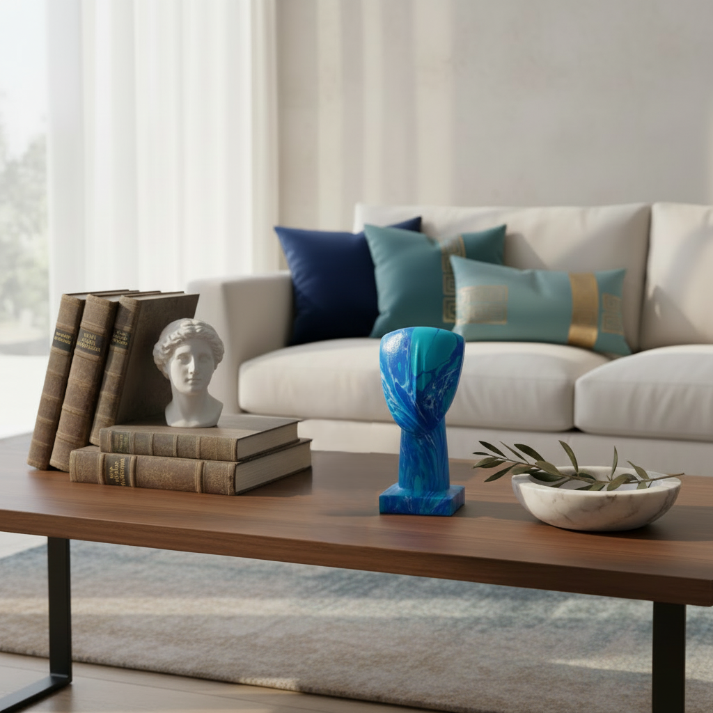 Living room with a coffee table featuring decorative items, a sofa with colorful pillows, and a window in the background.