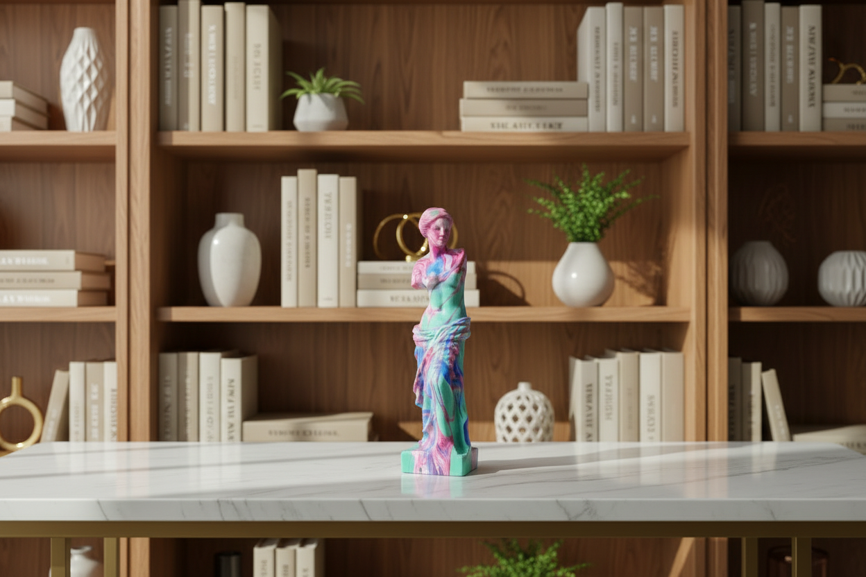Colorful figurine on a desk with a bookshelf in the background